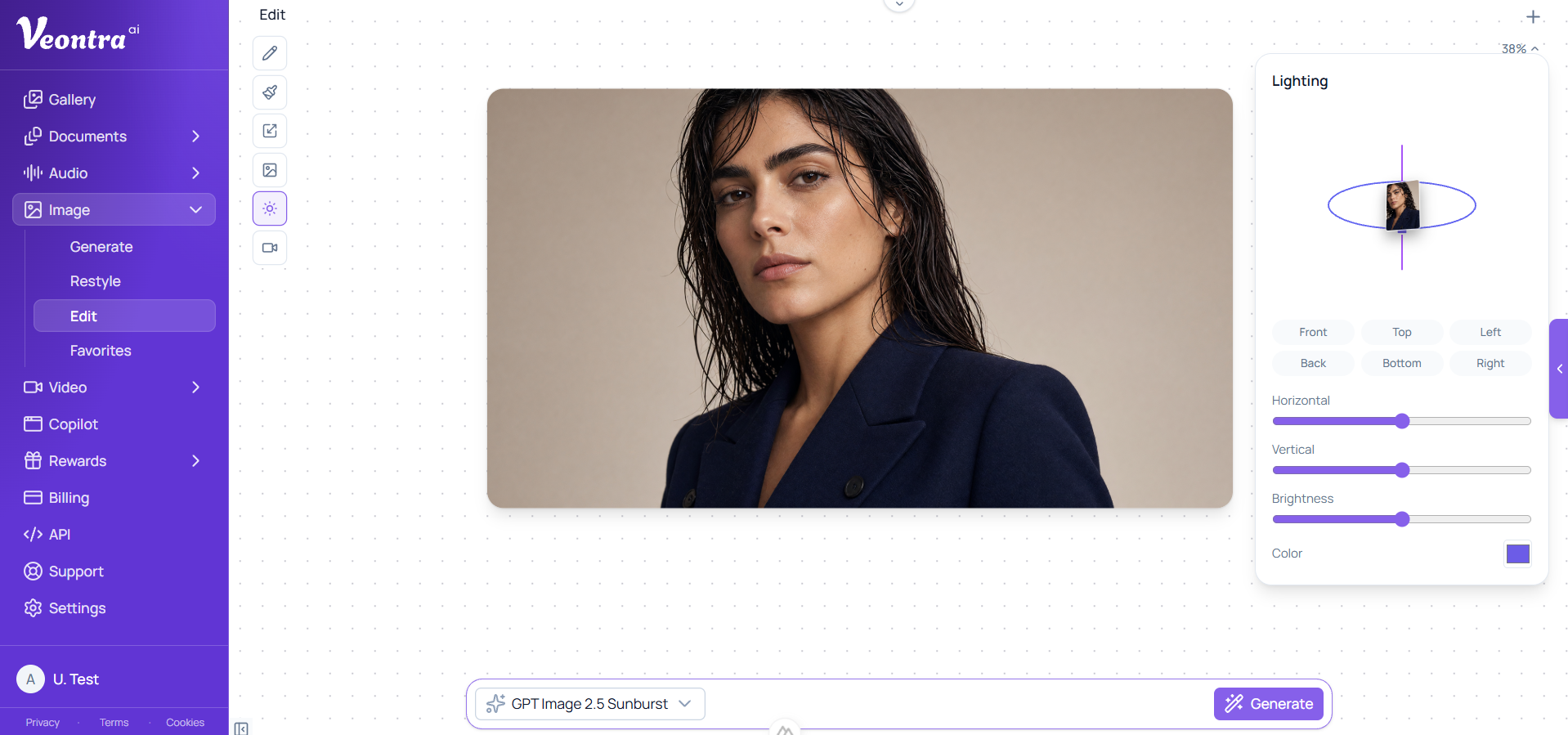 Veontra Image Edit dashboard: portrait on the canvas, tool rail, and Lighting orbit panel
