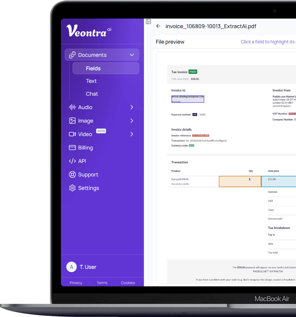 Veontra document workspace with field extraction, OCR, and document chat
